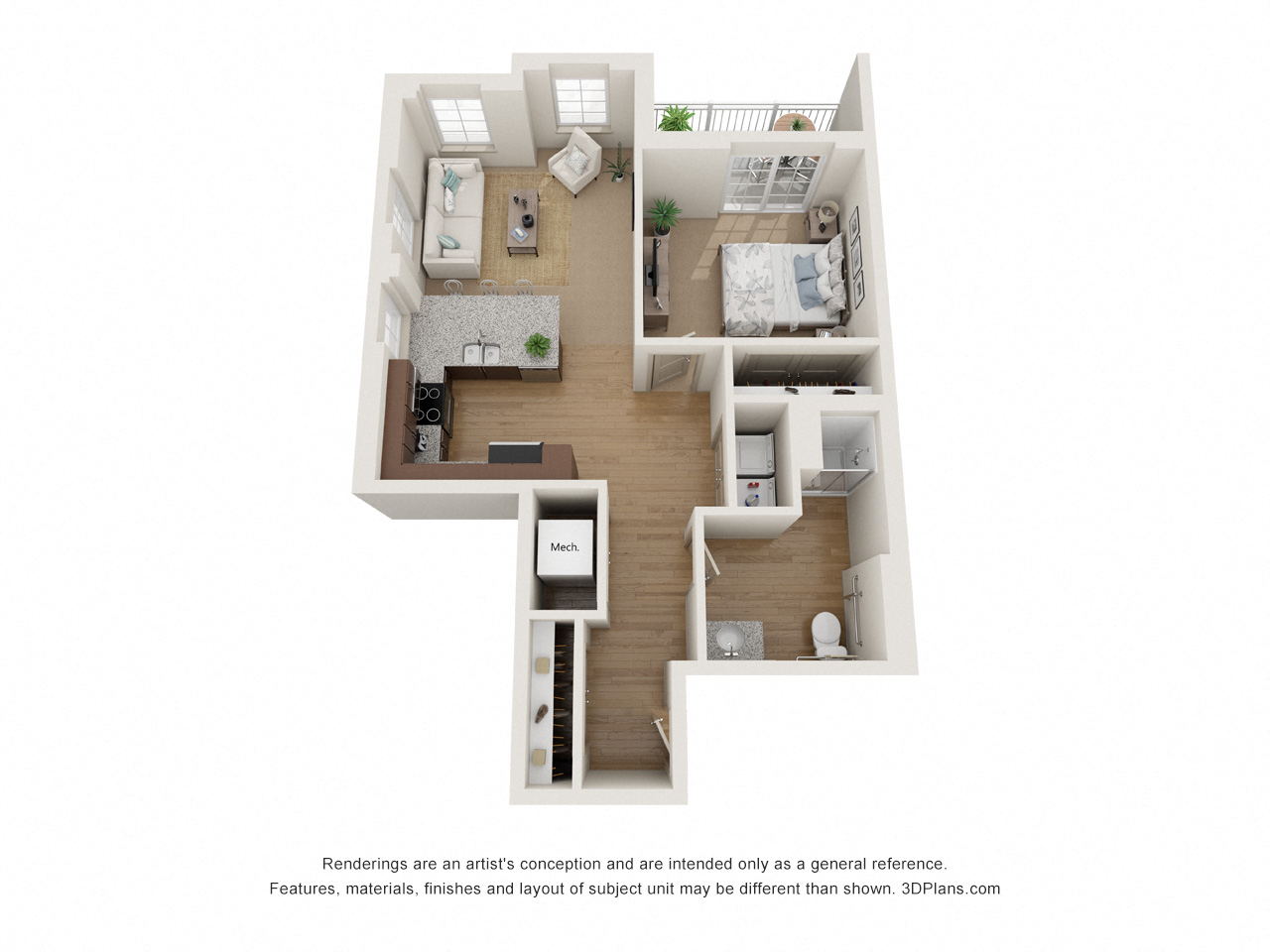 Floor plan for 1 bed, 1 bath, 785 sqft